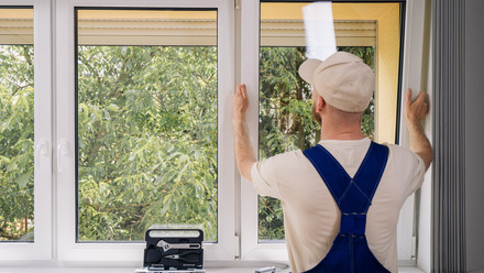 A skilled repairman is installing a new PVC window frame in a residential building stock photo