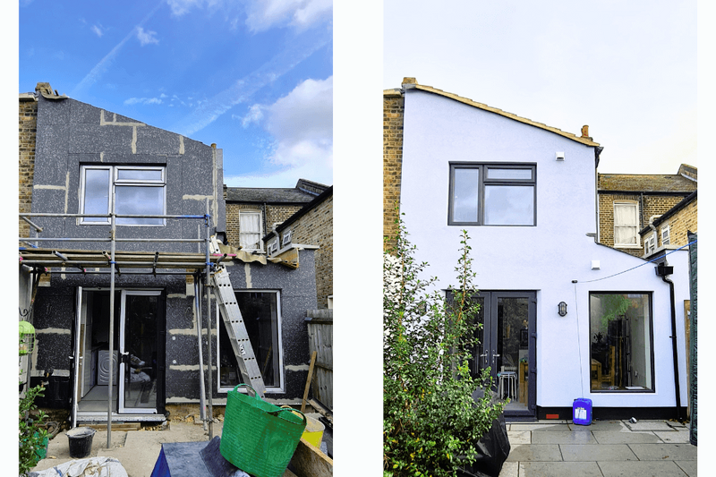 External wall insulation and render on the rear elevation of a Victorian terraced home.